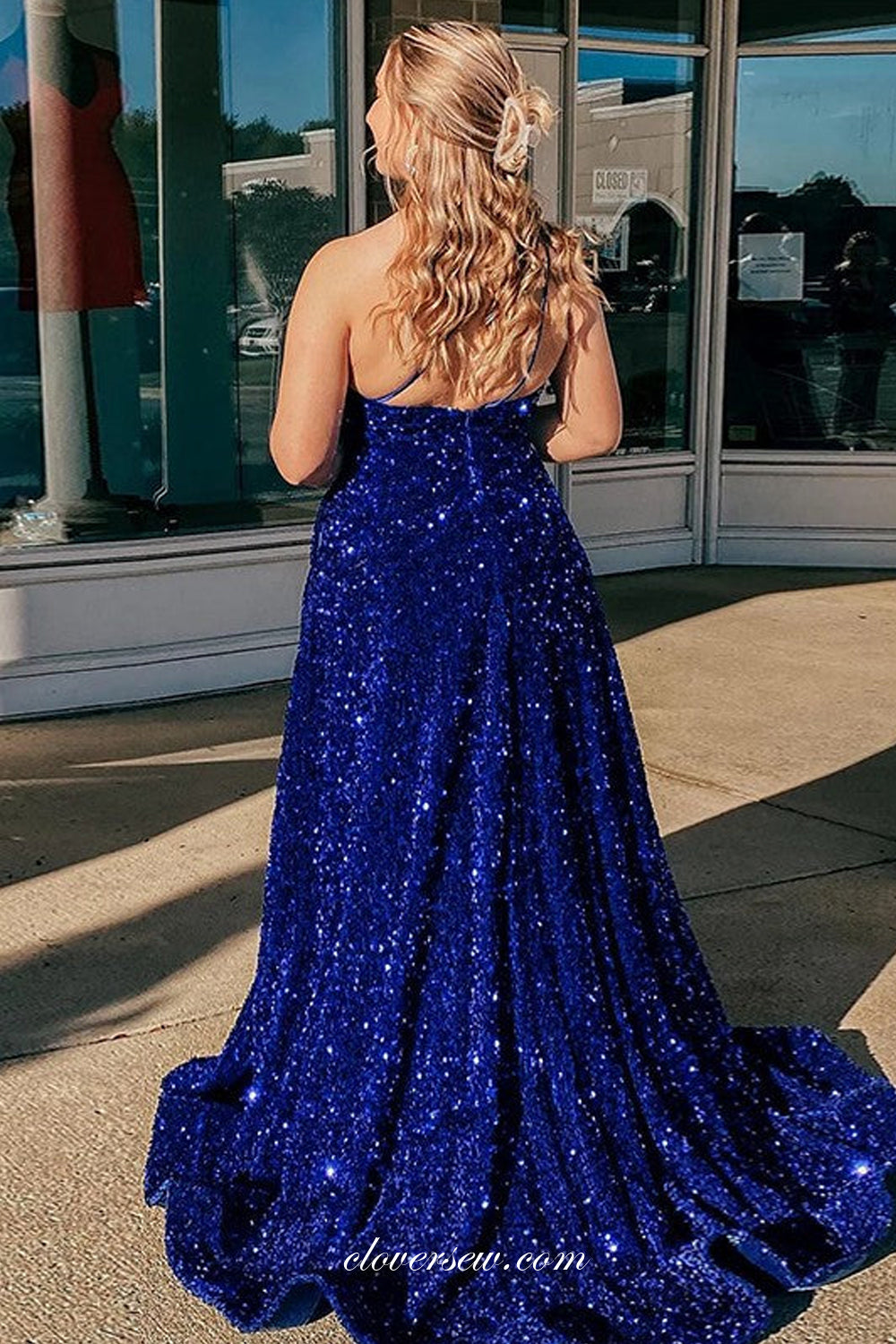 Royal Blue Shiny Sequin One Shoulder A-line Plus Prom Dresses, CP1077
