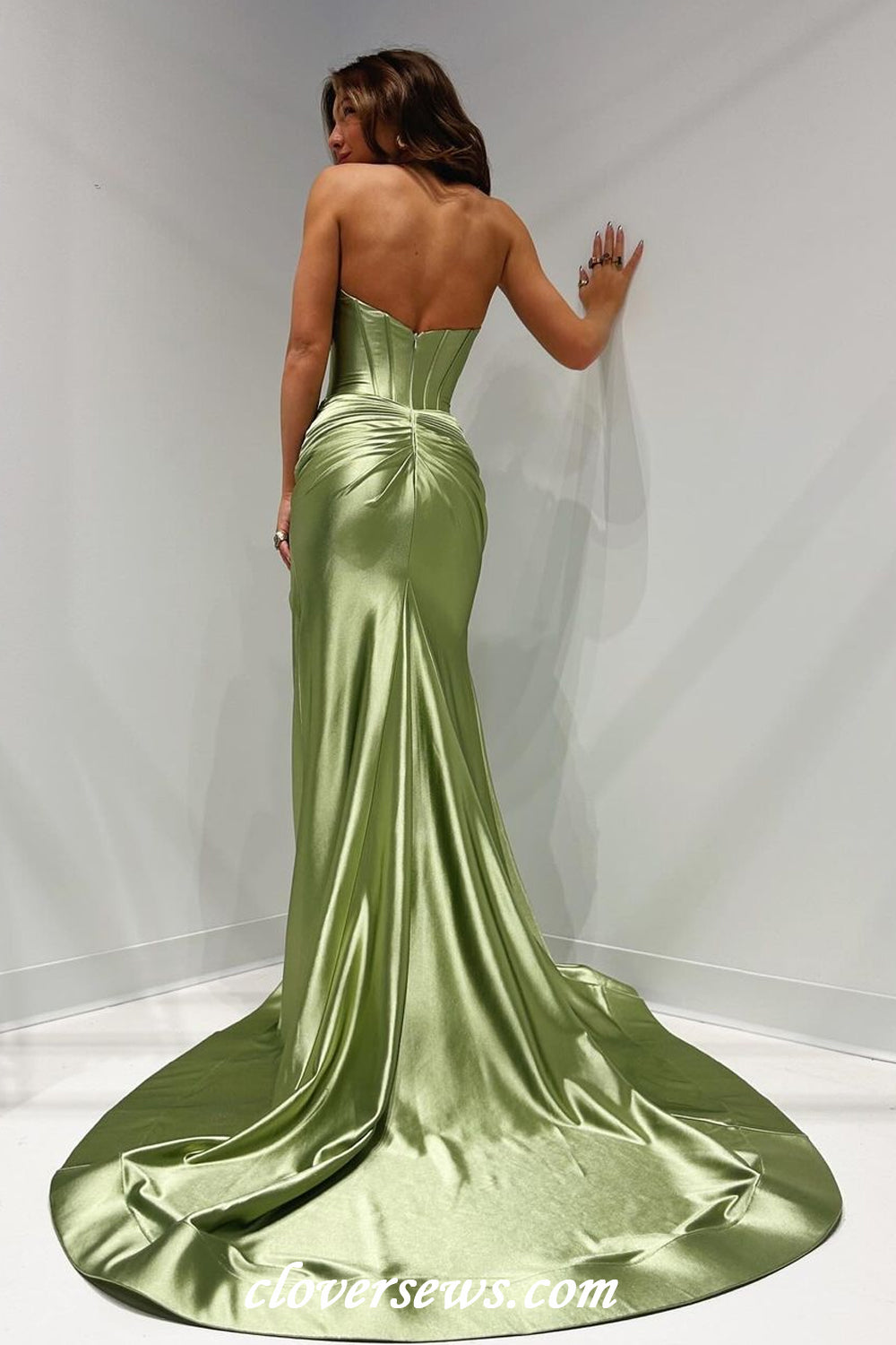 Sage Green Elastic Satin Pleating Sweetheart Strapless Mermaid High Slit Modern Prom Dresses, CP1158
