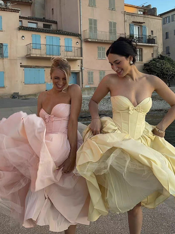Satin Strapless Corset Top Fluffy A-line Skirt Ankle Length Prom Dress clover sew Satin Strapless Corset Top Fluffy A-line Skirt Ankle Length Prom Dress clover sew