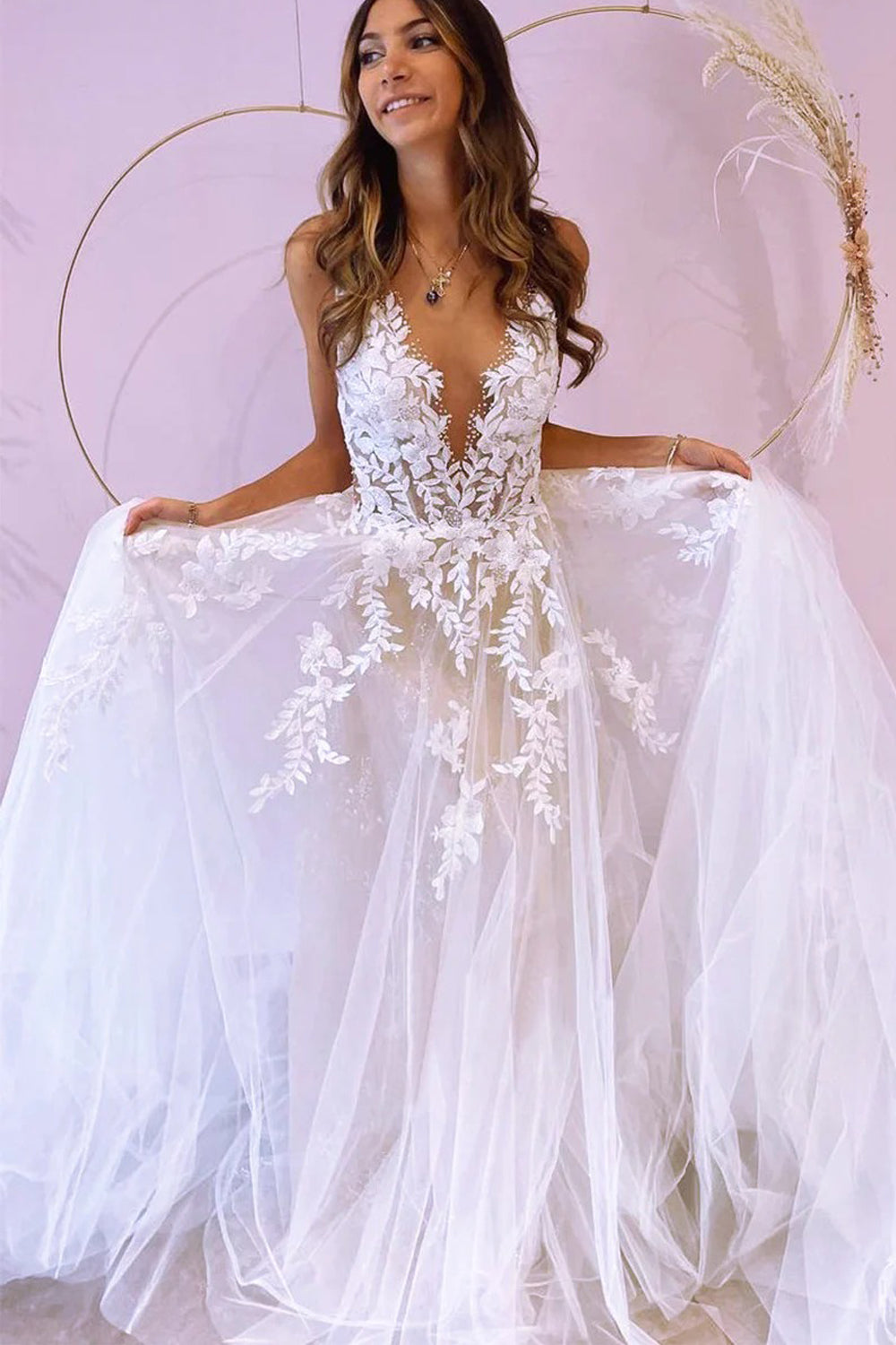 Shiny Beaded Lace Applique Glitter Tulle V-neck Sleeveless A-line Wedding Dresses, CW0428