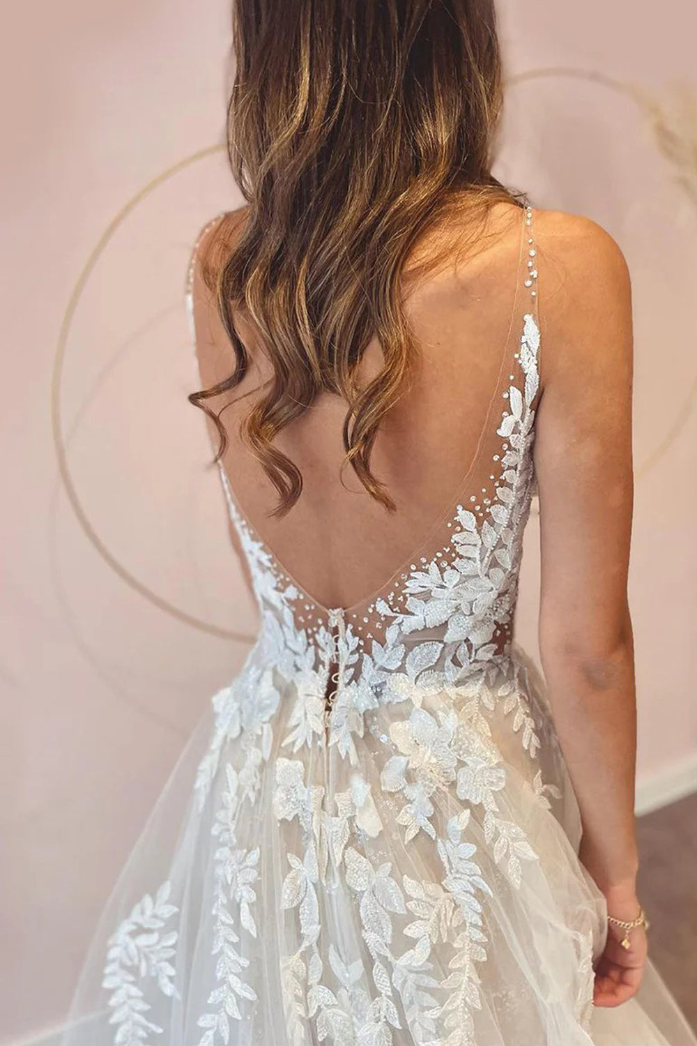 Shiny Beaded Lace Applique Glitter Tulle V-neck Sleeveless A-line Wedding Dresses, CW0428
