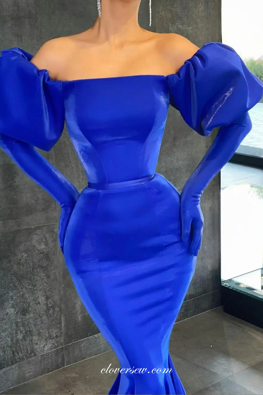 Shiny Satin Royal Blue Off The Shoulder Mermaid Prom Dresses, CP1055
