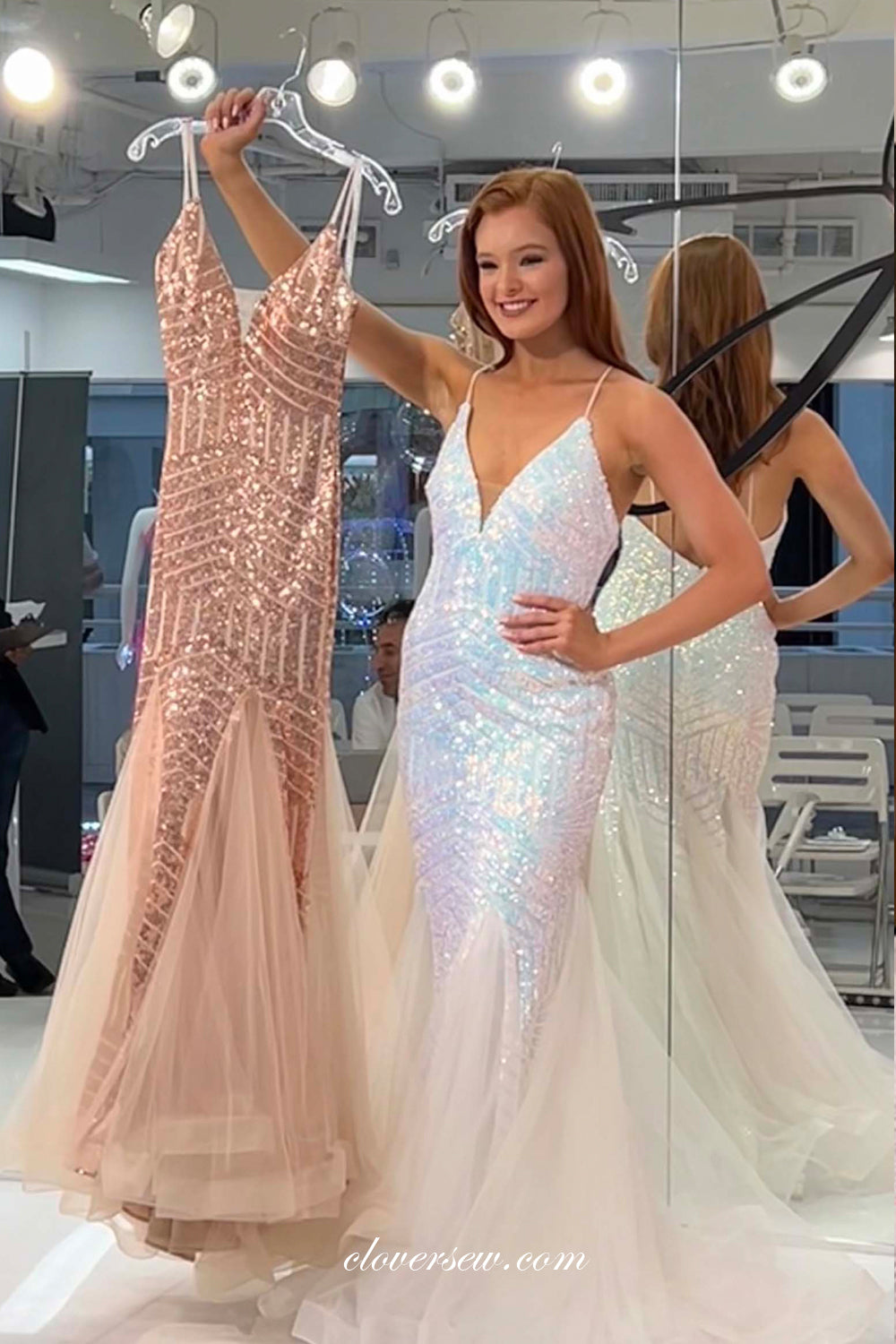 Shiny Sequined Tulle Spaghetti Strap Mermaid V-neck Prom Dresses, CP1029