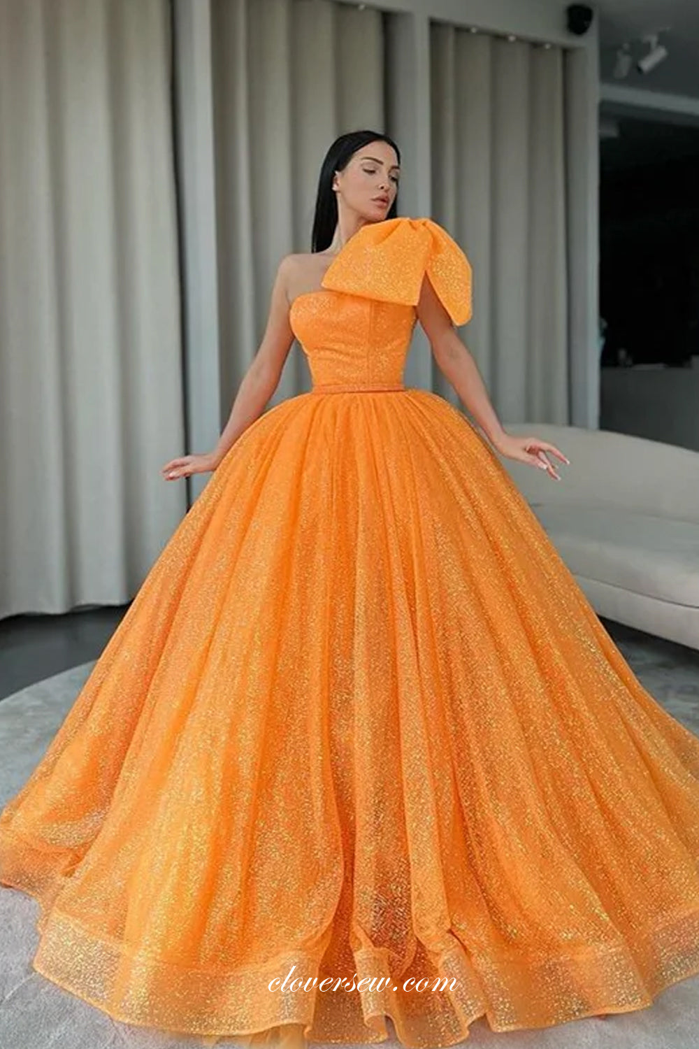 Shiny Tulle Bowknot One Shoulder Ball Gown Princess Dresses, CP1032