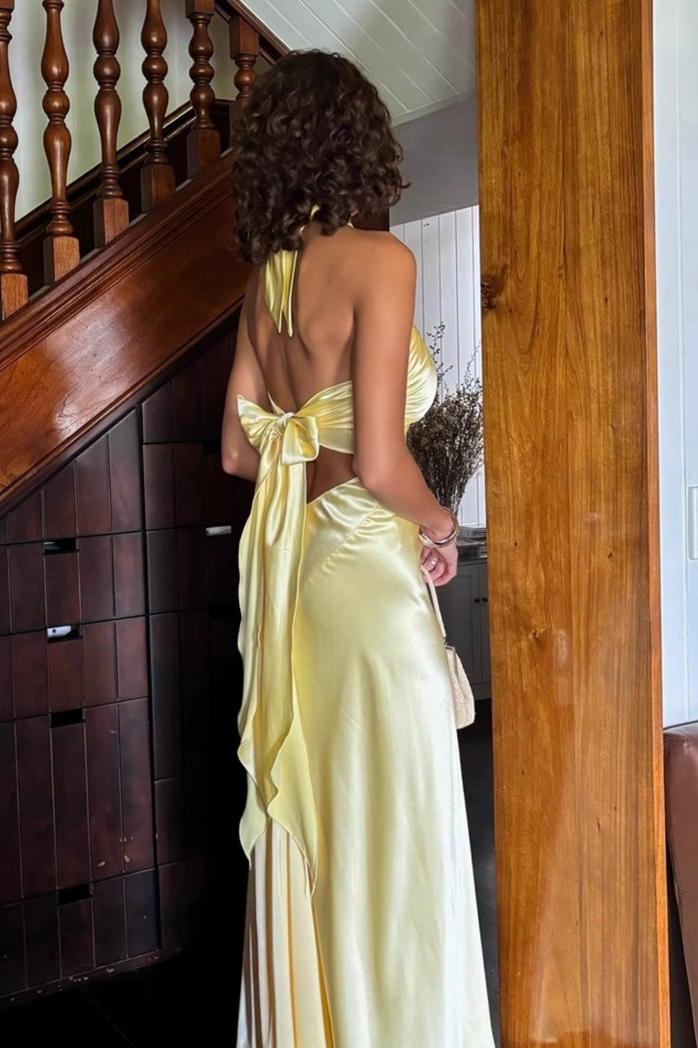 Silk Satin Yellow Halter Open Back Sheath Elegant Formal Party Dresses, CP1049