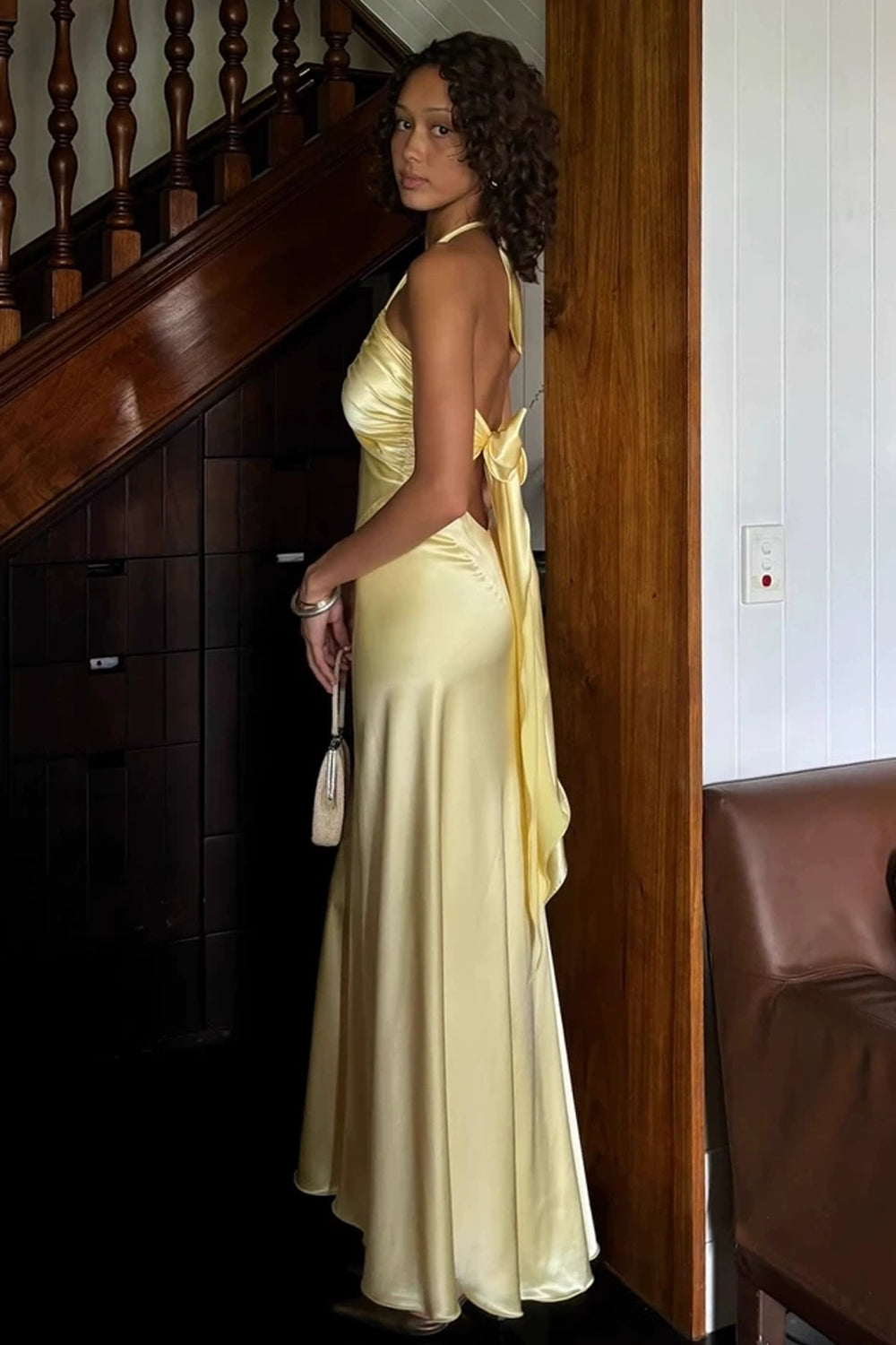 Silk Satin Yellow Halter Open Back Sheath Elegant Formal Party Dresses, CP1049