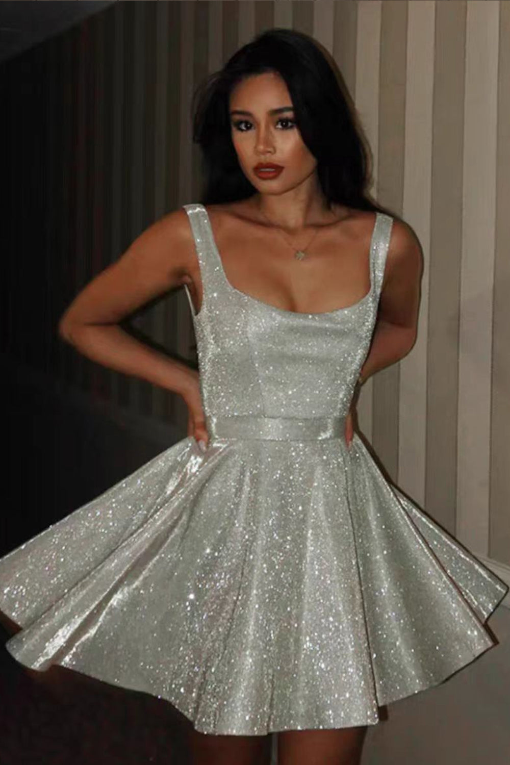 Silver Shiny Satin Sleeveless Scoop Neck A-line Sparkly Cocktail Party Homecoming Dresses, CH0103