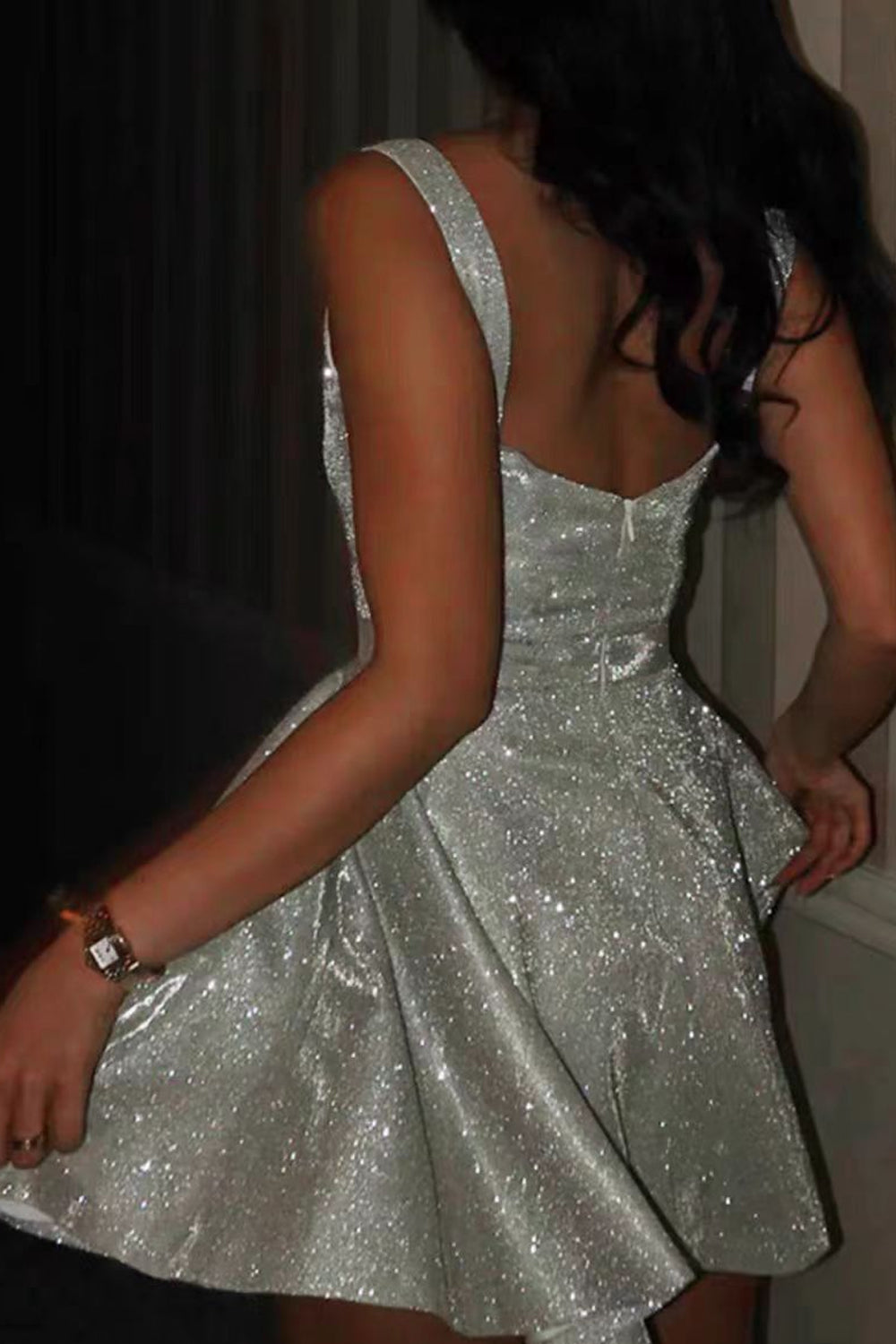 Silver Shiny Satin Sleeveless Scoop Neck A-line Sparkly Cocktail Party Homecoming Dresses, CH0103