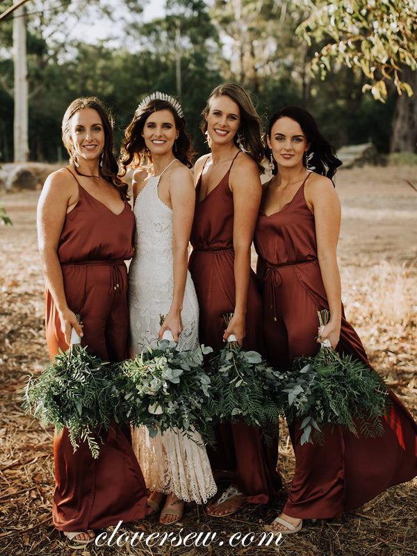 Simple V-neck Spaghetti Strap Column With Side Slit Long Bridesmaid Dresses, CB0299