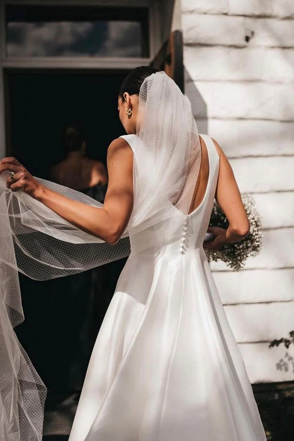 Simple Design Square Neck Ivory Satin A-line Wedding Dresses, CW0424