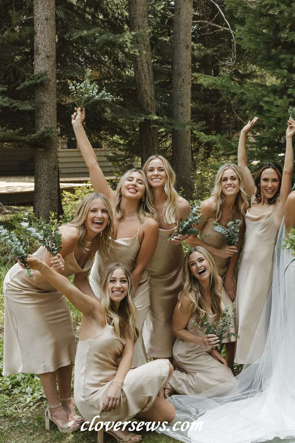 Simple Silk Satin Cowl Neck Spaghetti Strap Popular Tea Length Bridesmaid Dresses, CB0324