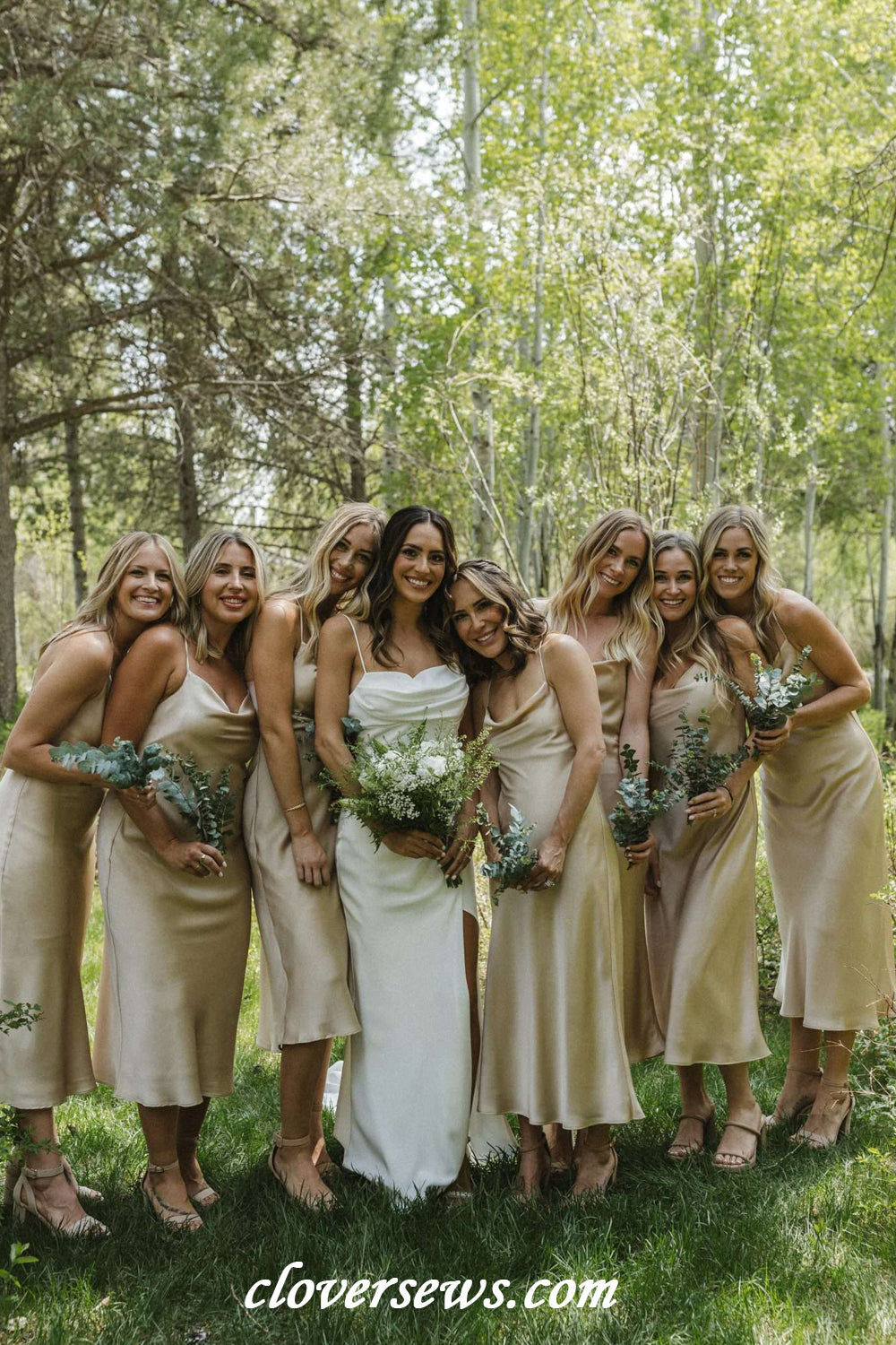 Simple Silk Satin Cowl Neck Spaghetti Strap Popular Tea Length Bridesmaid Dresses, CB0324