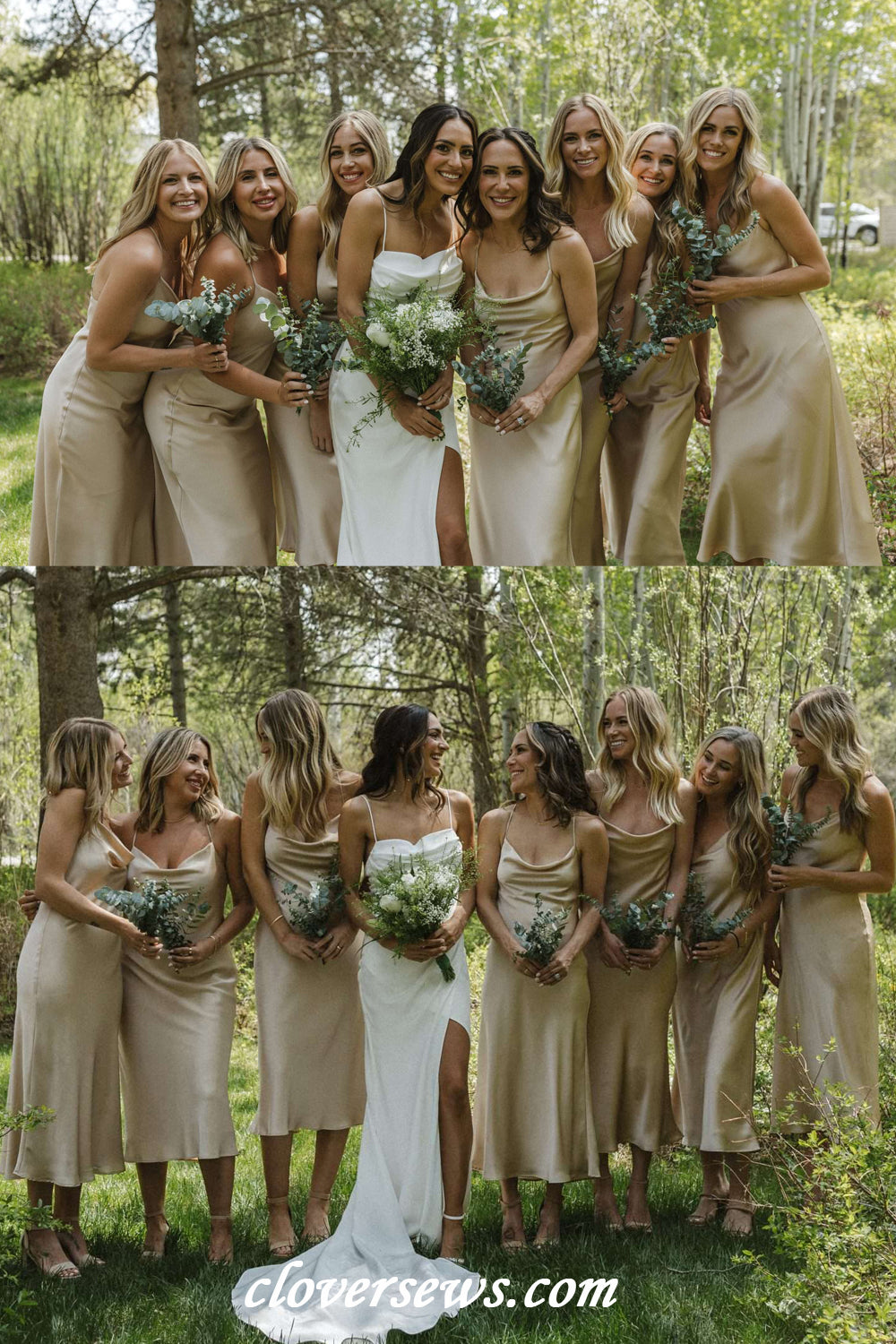 Simple Silk Satin Cowl Neck Spaghetti Strap Popular Tea Length Bridesmaid Dresses, CB0324