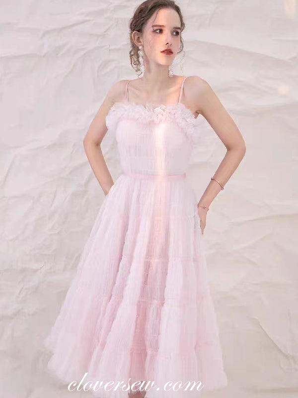 Soft Pink Ruffles Tulle Spaghetti Strap A-line Tea Length Party Dresse clover sew Soft Pink Ruffles Tulle Spaghetti Strap A-line Tea Length Party Dresse clover sew