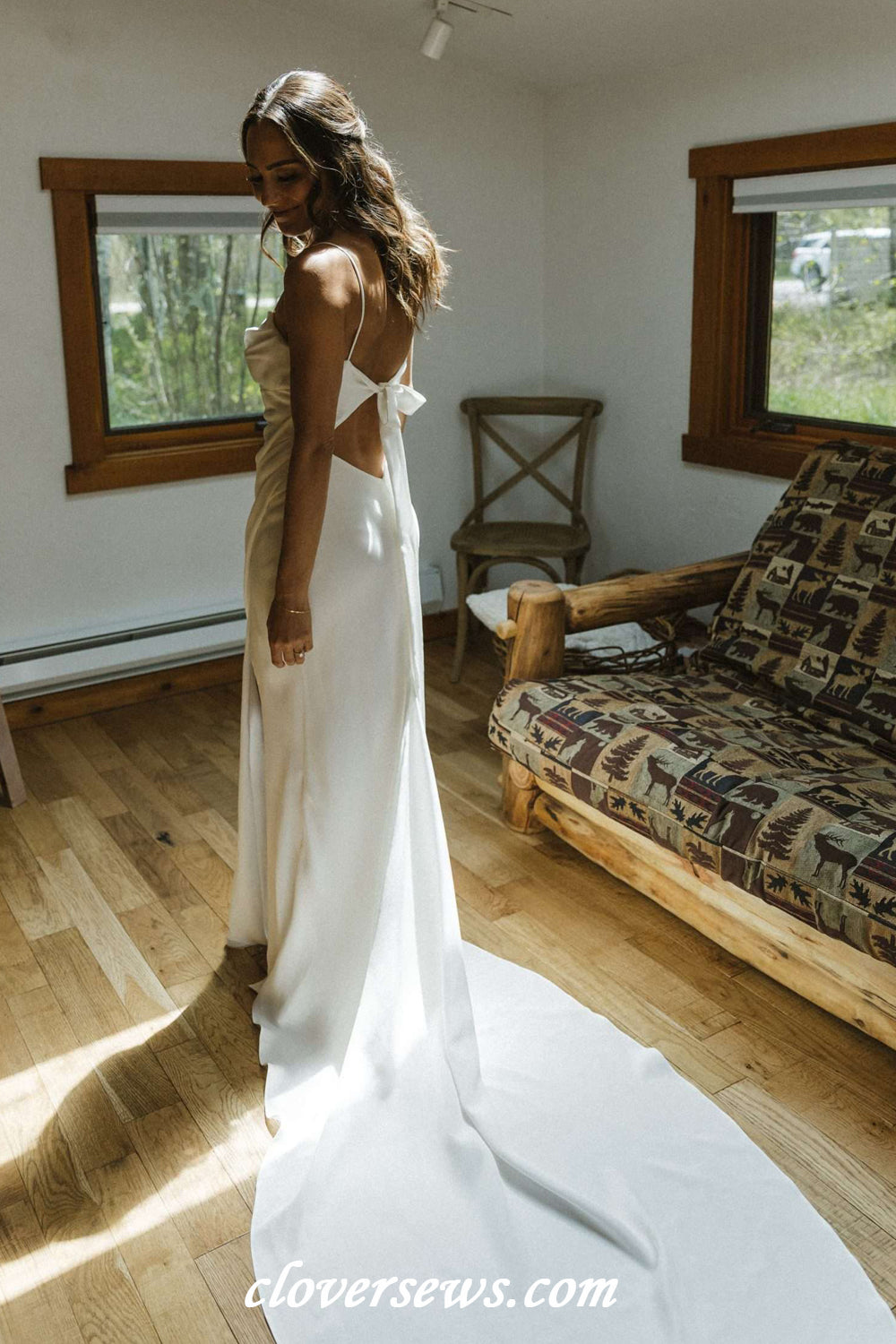 Spaghetti Strap Satin Chiffon Simple Column High Slit Wedding Dresses, CW0395