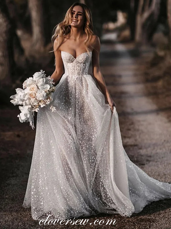 Sparkly Glitter Tulle Lace Applique Strapless A-line Shiny Wedding Dre clover sew Sparkly Glitter Tulle Lace Applique Strapless A-line Shiny Wedding Dre clover sew