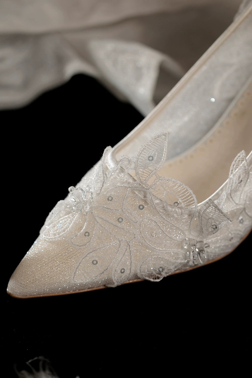 Sparkly Lace Romantic Pointed Toe Wedding Shoes