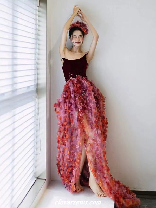 Strapless Gradient Red 3D Flowers Sequined Bud With Slit Spring Dresses, CP1136 US12 / As Pic Strapless Gradient Red 3D Flowers Sequined Bud With Slit Spring Dresses, CP1136 US12 / As Pic