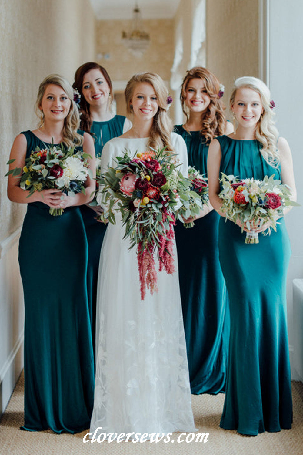 Teal Green Jersey Cowl Collar Sleeveless Mermaid Long Bridesmaid Dresses, CB0313