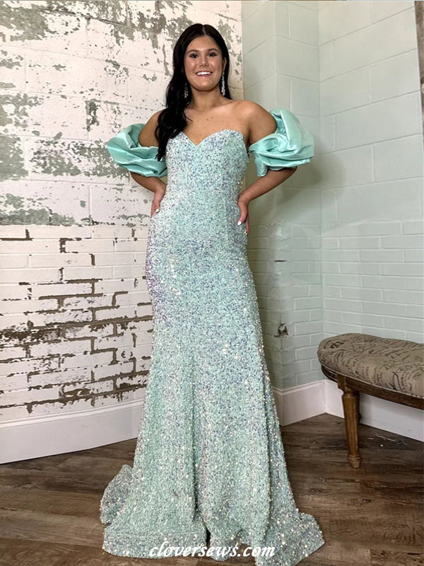 Tiffany Blue Sequin Strapless With Bubble Sleeves Mermaid Shiny Prom D – clover sew Tiffany Blue Sequin Strapless With Bubble Sleeves Mermaid Shiny Prom D – clover sew