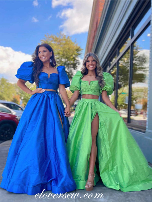 buffies prom dresses Two Piece Half Puffy Sleeves A-line Side Slit Prom Dresses, CP1068 US2 / Pic Blue