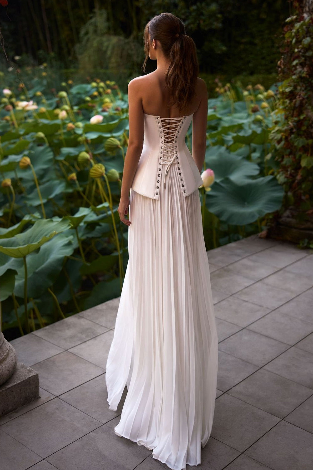 Two Piece Lace-Up Corset Top Lace Slit A-line with Cascading Pleats Chiffon Wedding Dresses, CW0440