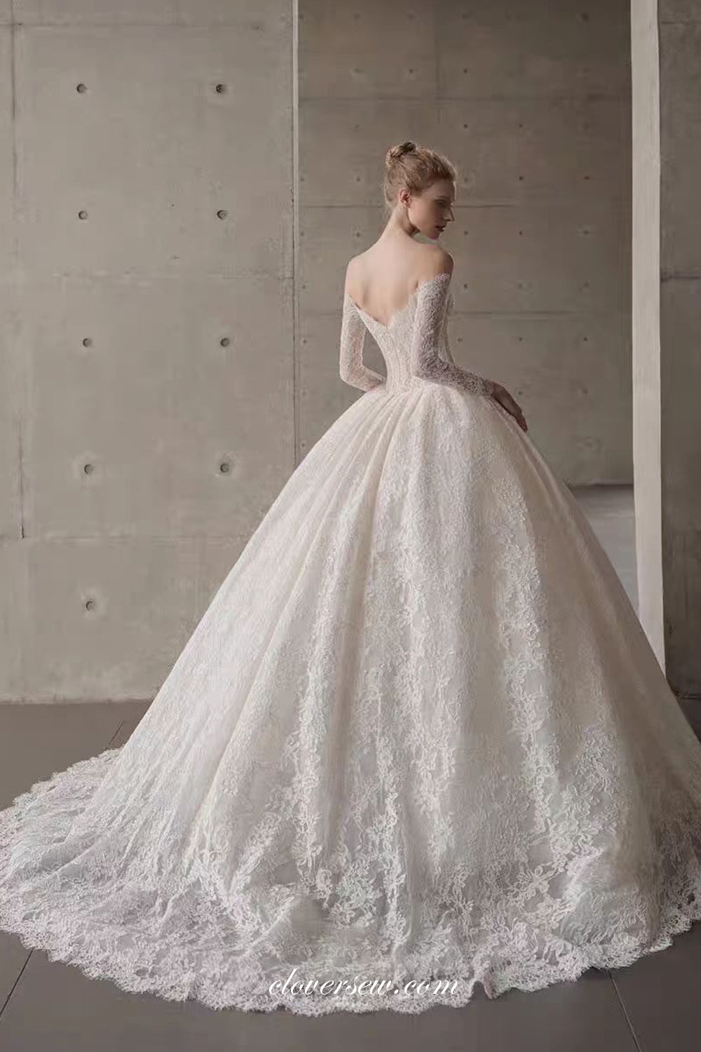 Vintage Fully Lace Off The Shoulder Long Sleeves Ball Gown Wedding Dresses, CW0380