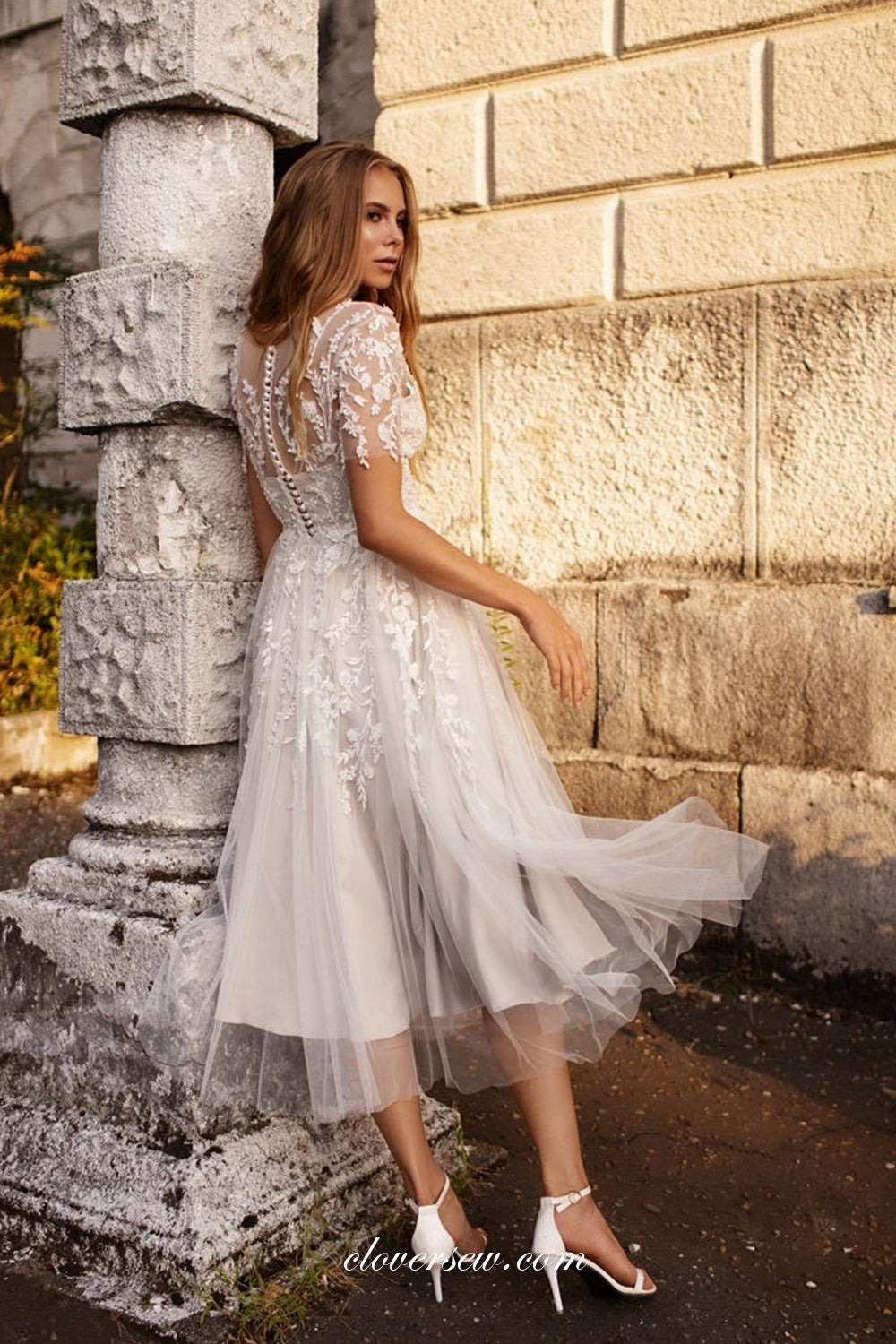 Vintage Lace Short Sleeves Illusion Round Neck A-line Short Wedding Dresses, CW0388