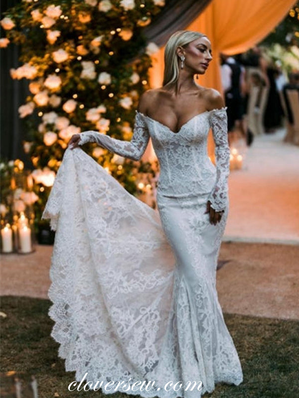 Vintage Lace V-Neck Off The Shoulder Long Sleeves Mermaid Wedding Dresses, CW0367 US4 / Custom Color(Leaving A note) Vintage Lace V-Neck Off The Shoulder Long Sleeves Mermaid Wedding Dresses, CW0367 US4 / Custom Color(Leaving A note)