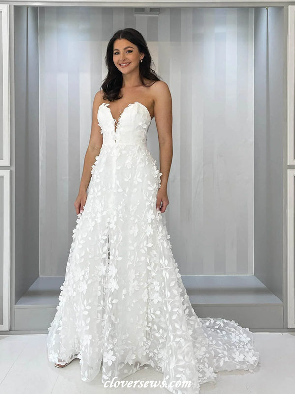 Mismatched White 3D Leafy Lace A-line Wedding Dresses, CW0403 Mismatched White 3D Leafy Lace A-line Wedding Dresses, CW0403