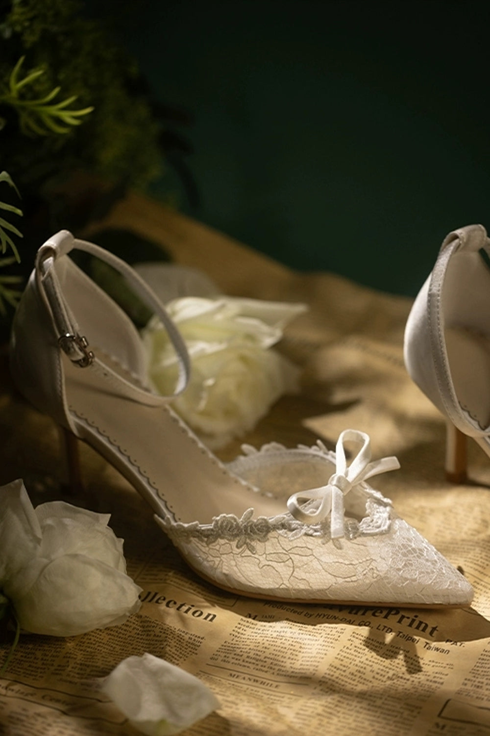 White Lace Bridal Pumps with Bow Detail and Detachable Ankle Tie