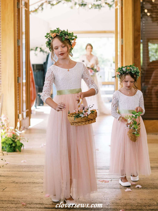 White Lace Pink Tulle Long Sleeves Round Neck Flower Girl Dresses, CF0015