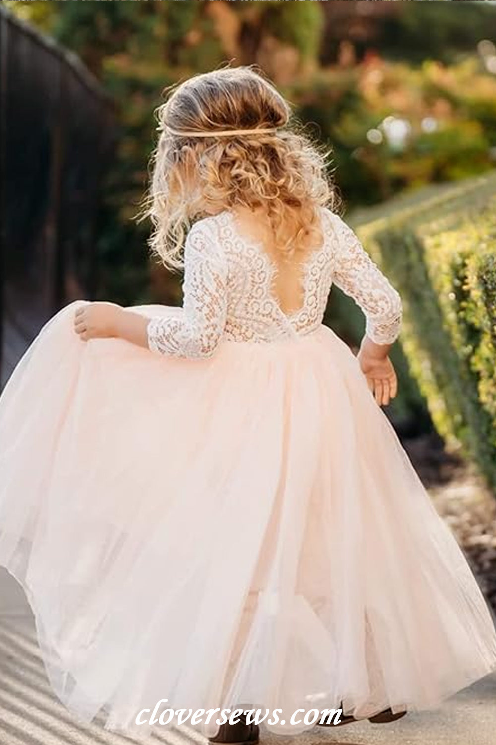 White Lace Pink Tulle Long Sleeves Round Neck Flower Girl Dresses, CF0015