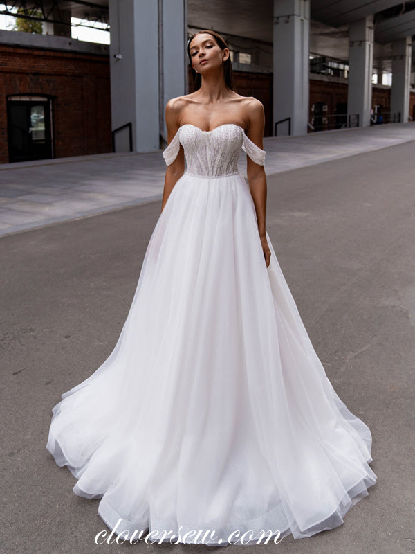 White Pearl Tulle Off The Shoulder A-line Vintage Wedding Dresses, CW0 ...