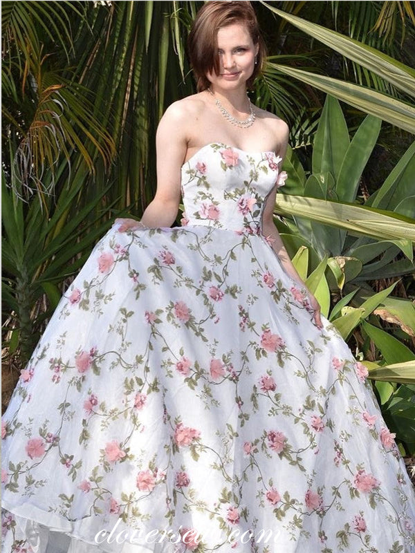 White Pink 3D Floral Lace Strapless A-Line Fashion Prom Dresses, CP1027 Custom Size(Leaving A note) / As Pic White Pink 3D Floral Lace Strapless A-Line Fashion Prom Dresses, CP1027 Custom Size(Leaving A note) / As Pic