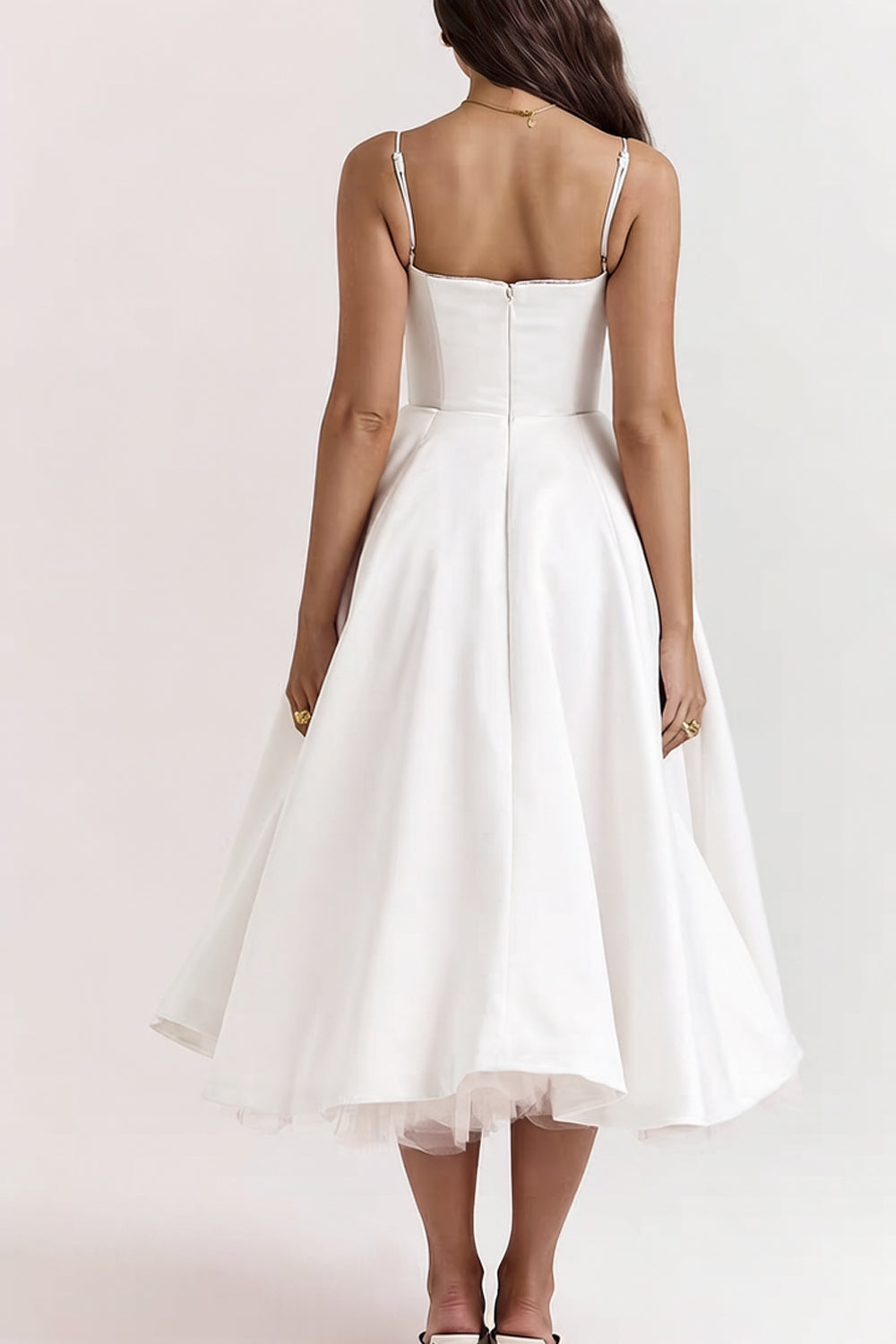 White Satin Spaghetti Strap Fluffy A-line Skirt Tea Length Prom Dresses, CP1105