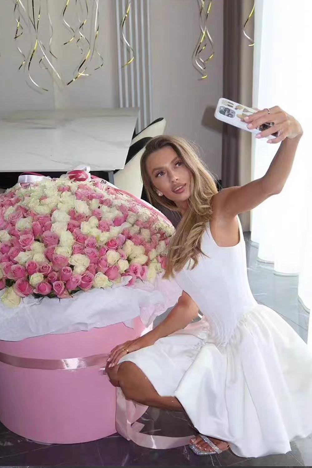 White Satin Square Neck Sleeveless Puff Skirt Mini Wedding Party Dresses, CW0443