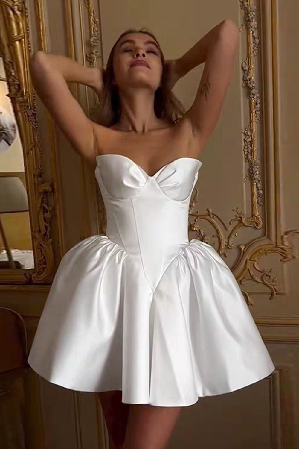 White Satin Strapless Ball Gown Fashion Short Formal Party Dresses, CH0118