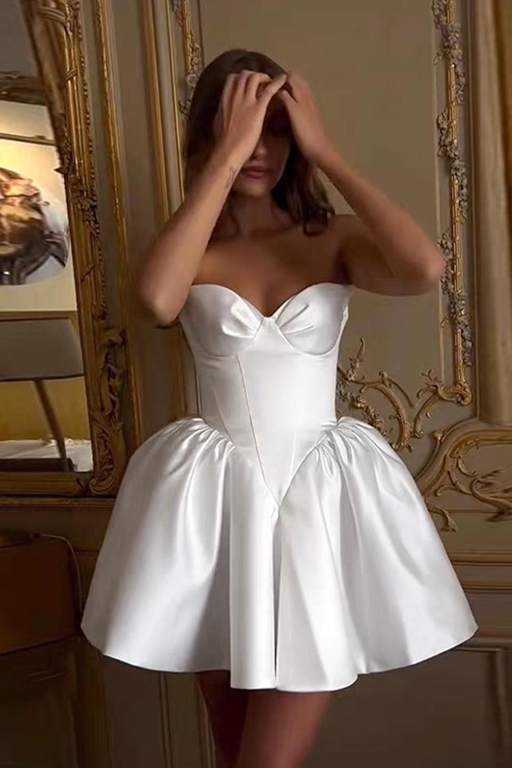 White Satin Strapless Ball Gown Fashion Short Formal Party Dresses, CH0118