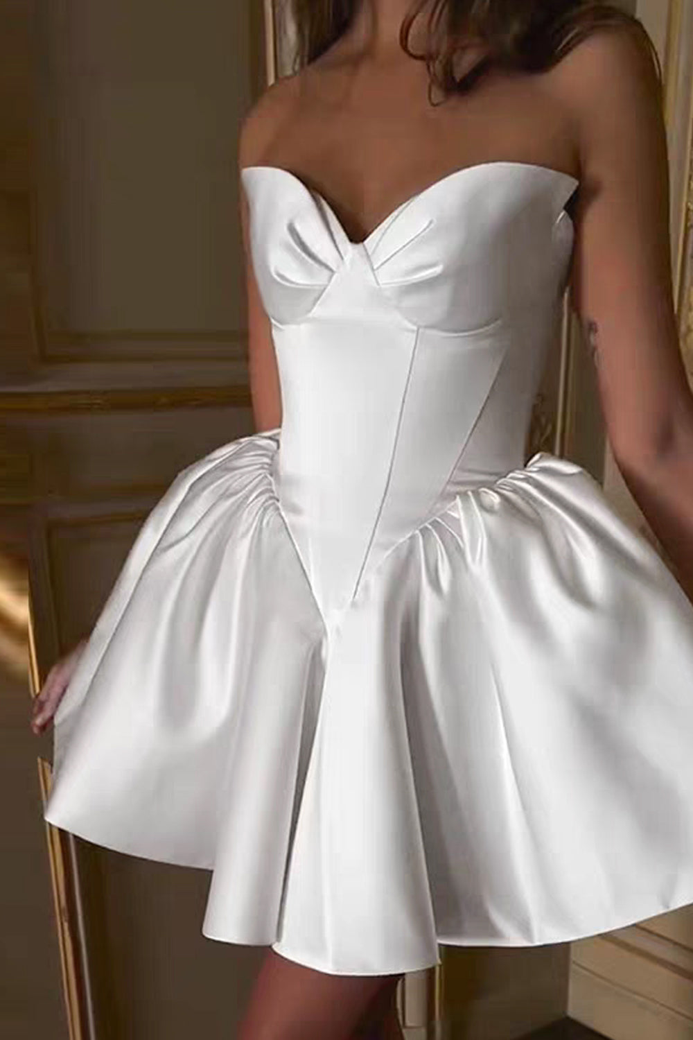 White Satin Strapless Ball Gown Fashion Short Formal Party Dresses, CH0118