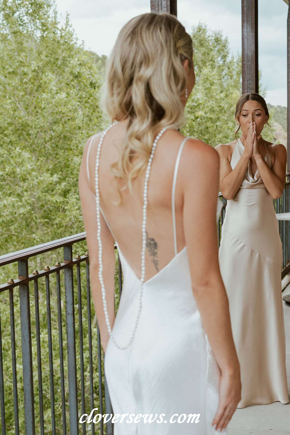 White Shiny Satin Spaghetti Strap Mermaid Backless Fashion Wedding Dresses,CW0397