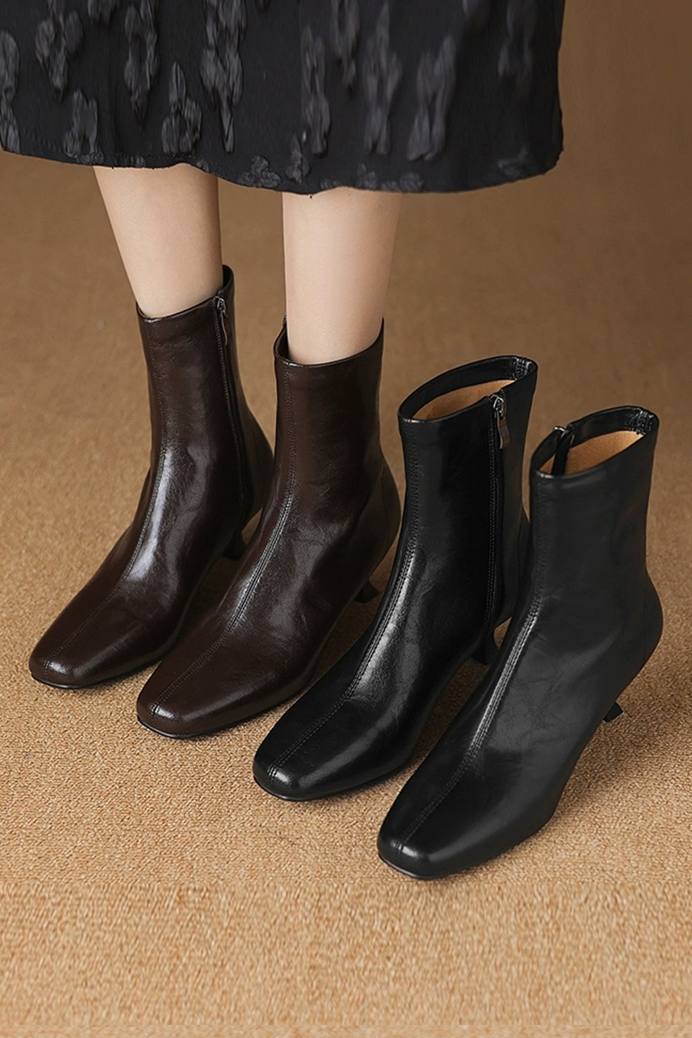 Women’s Square Toe Genuine Leather Low Heel Side Zipper Fleece Lined Ankle Boots