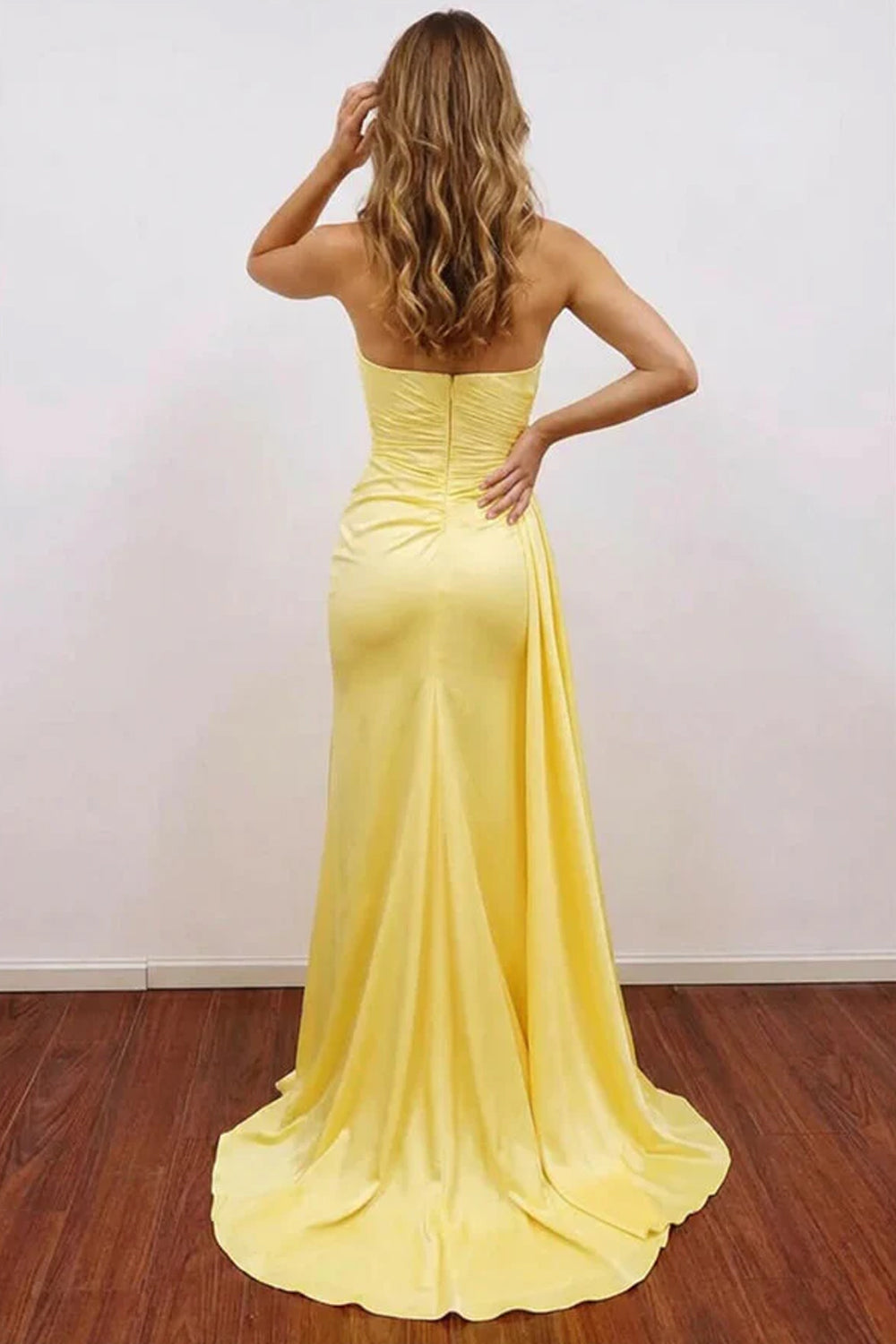 Yellow Elastic Satin Strapless Pleating Sheath High Slit Prom Dresses, CP1092