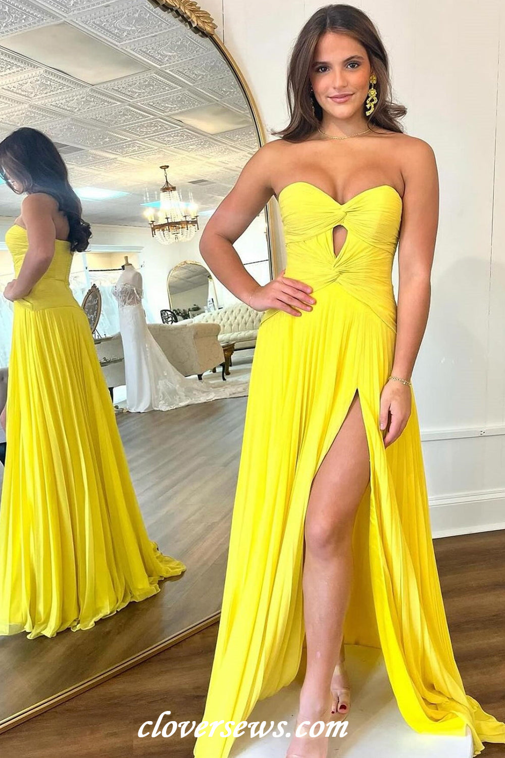 Yellow Pleating Chiffon Sweetheart Strapless A-line With Side Slit Long Bridesmaid Dresses, CB0322