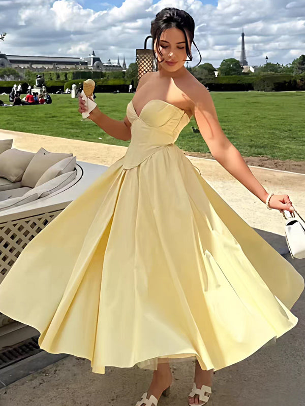 Yellow Satin Strapless High Waist Fluffy A-line Skirt Ankle Length Prom  Dresses, CP1103