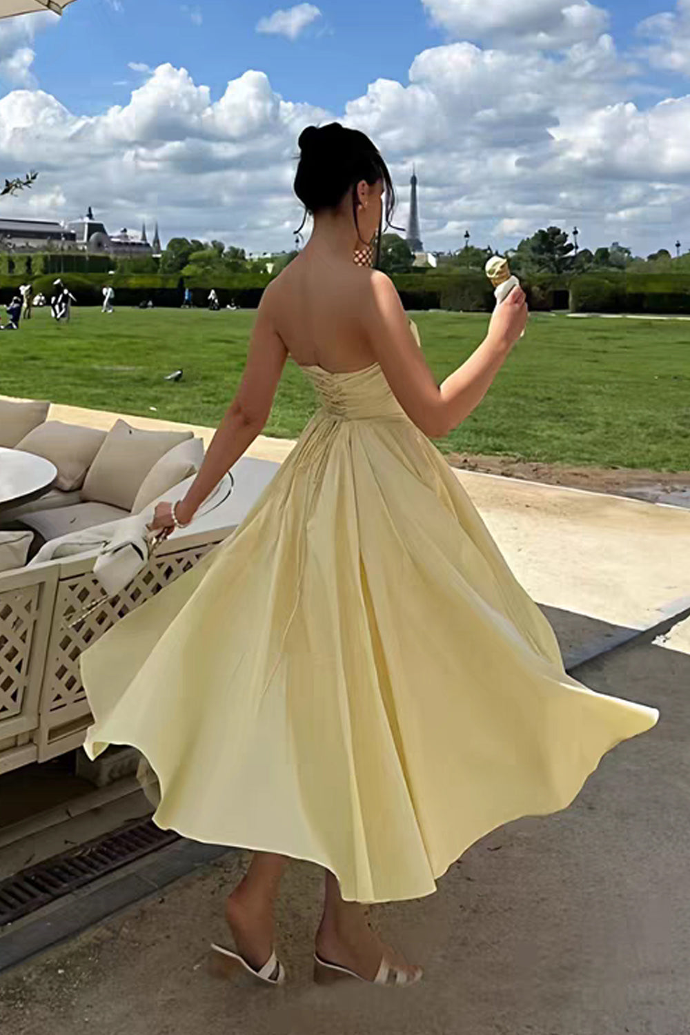 Yellow Satin Strapless High Waist Fluffy A-line Skirt Ankle Length Prom Dresses, CP1103