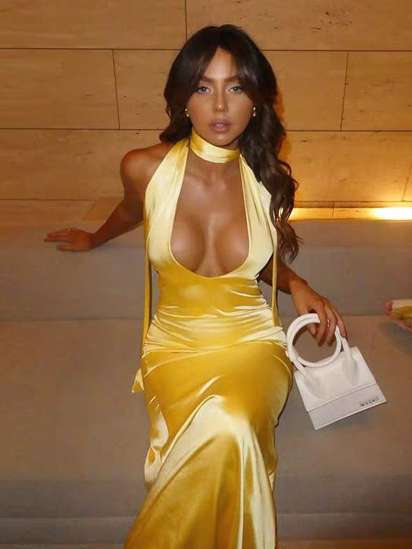 cache yellow silk dress Yellow Silk Satin Halter Backless Mermaid Evening Dresses With Scarf, – clover sew