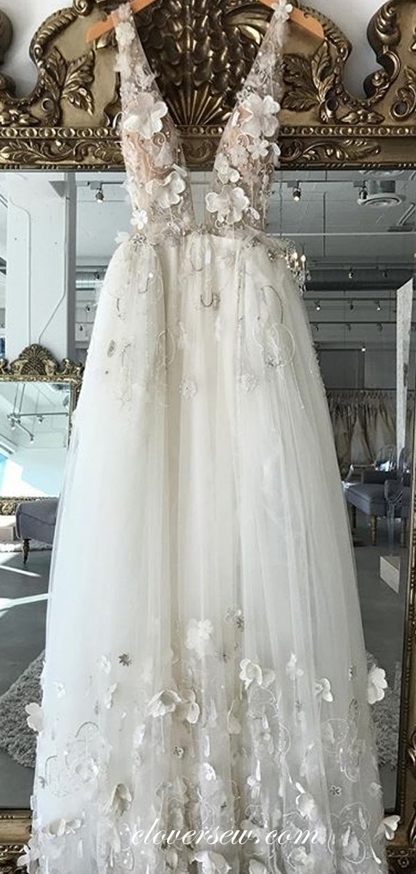3D Applique V-neck V-back Charming Prom Dresses, CP0611