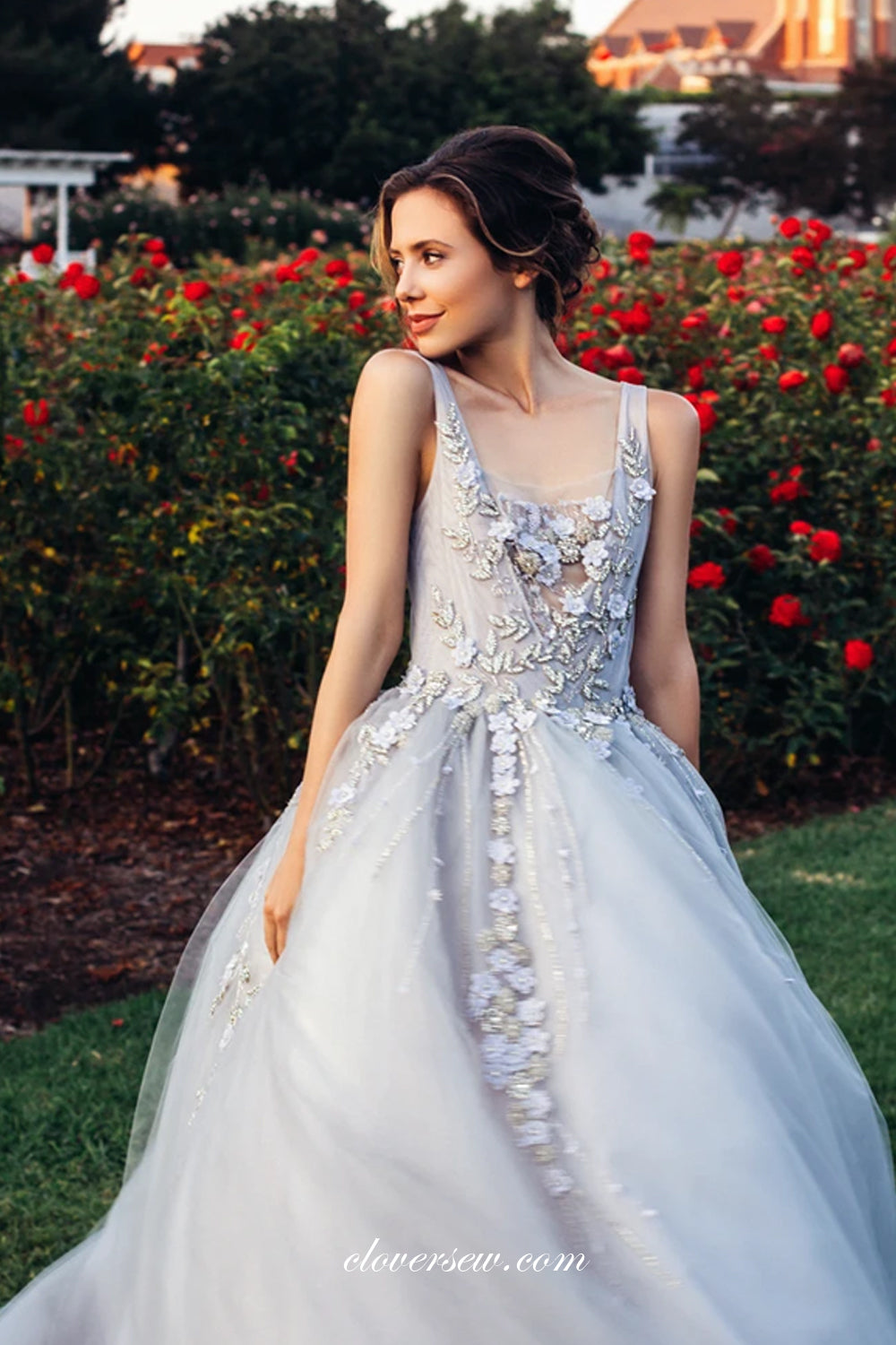 3D Beaded Appliques Grey Tulle V-neck Ball Gown Prom Dresses, CP0686