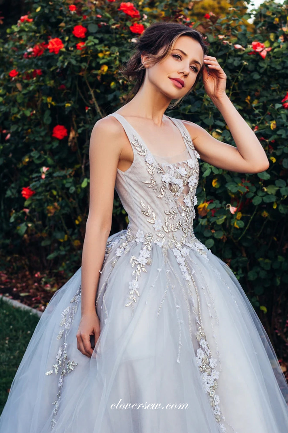 3D Beaded Appliques Grey Tulle V-neck Ball Gown Prom Dresses, CP0686